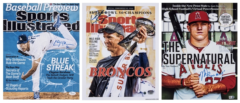 Lot of (3) Sports Illustrated Autographed Cover Poster - Mike Trout, Clayton Kershaw & Peyton Manning (Steiner, Fanatics, JSA & MLB Authenticated)